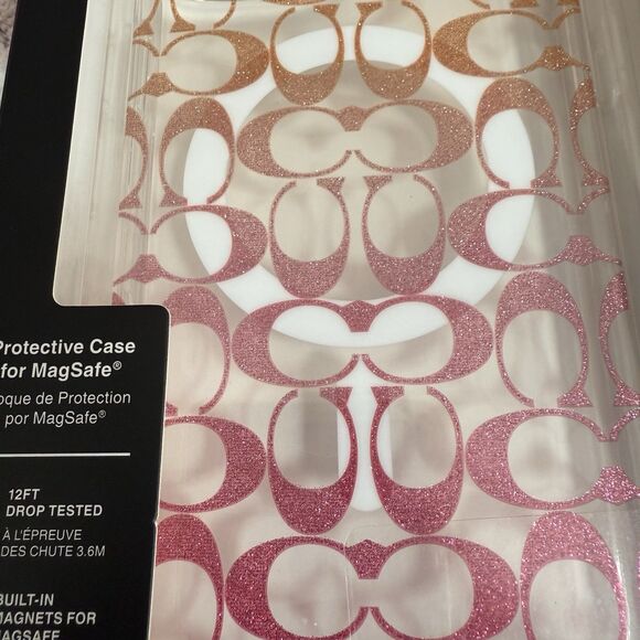 Coach iPhone 16 Pro Max MagSafe Protective Case Signature C  Pink Sparkle Ombré - Picture 3 of 5